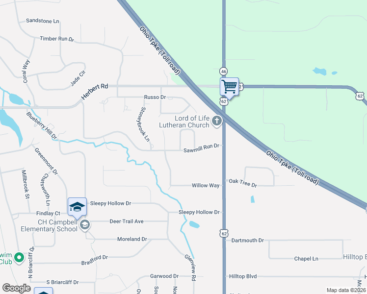 map of restaurants, bars, coffee shops, grocery stores, and more near 501 West Regency Circle in Canfield