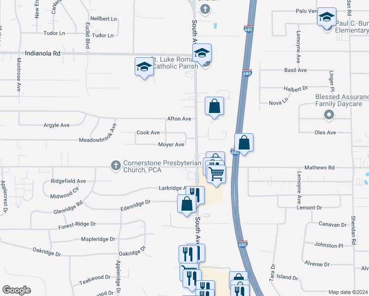 map of restaurants, bars, coffee shops, grocery stores, and more near 955 Moyer Avenue in Youngstown