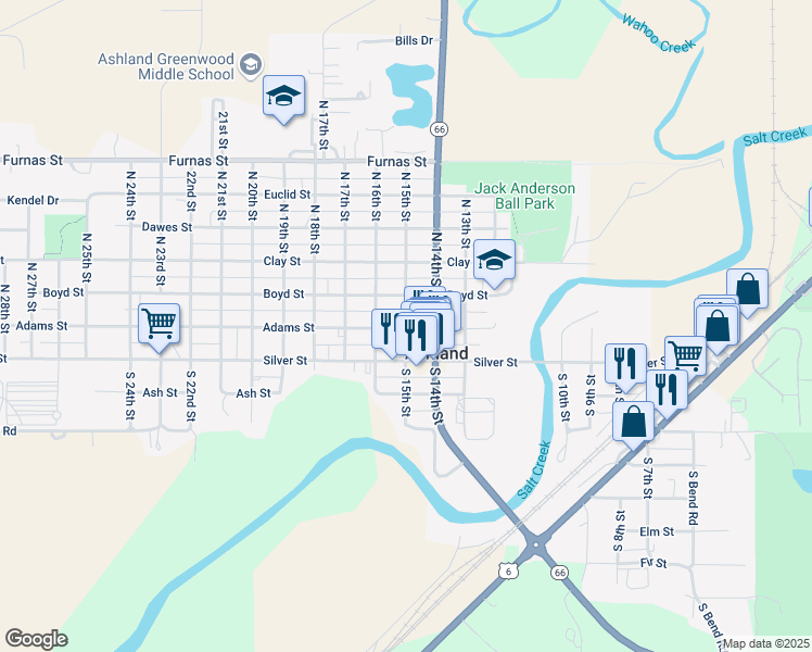 map of restaurants, bars, coffee shops, grocery stores, and more near 207 North 15th Street in Ashland