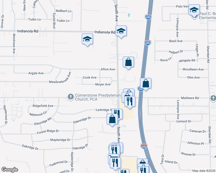 map of restaurants, bars, coffee shops, grocery stores, and more near 911 Moyer Avenue in Youngstown