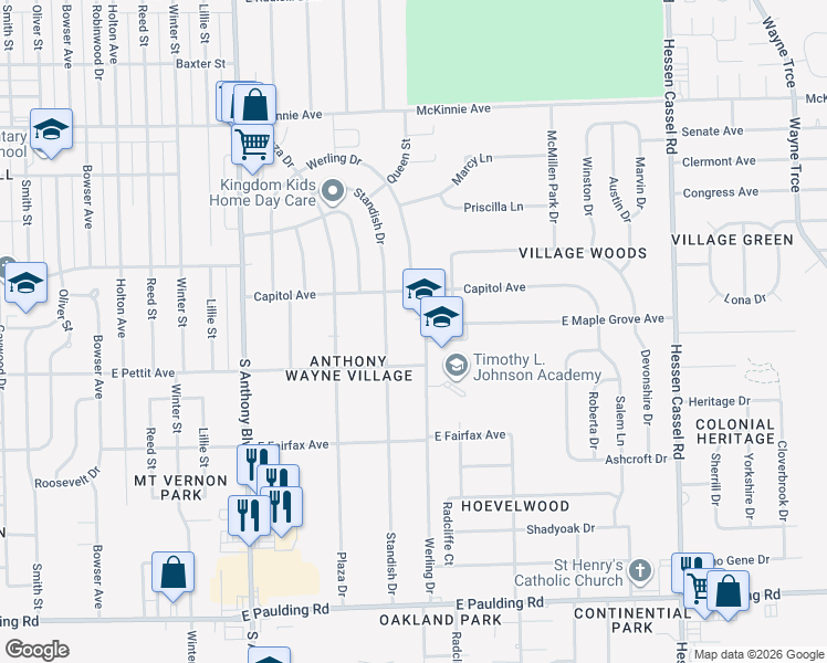 map of restaurants, bars, coffee shops, grocery stores, and more near 4610 Werling Drive in Fort Wayne