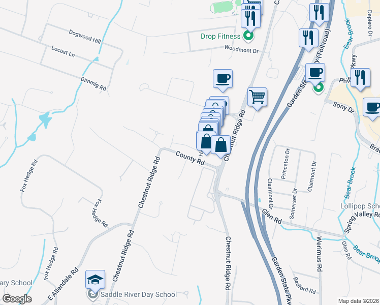 map of restaurants, bars, coffee shops, grocery stores, and more near 34 County Road in Woodcliff Lake