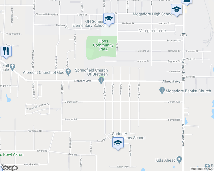 map of restaurants, bars, coffee shops, grocery stores, and more near 397 Lessig Avenue in Akron