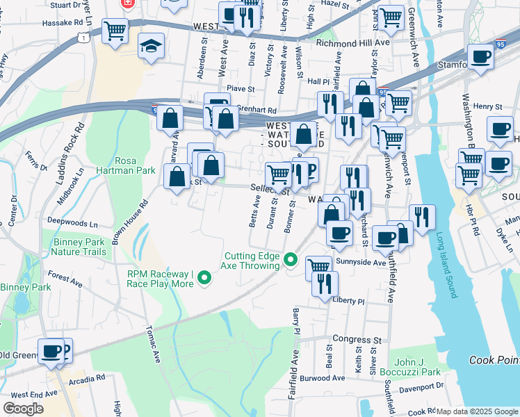 map of restaurants, bars, coffee shops, grocery stores, and more near 31 Durant Street in Stamford