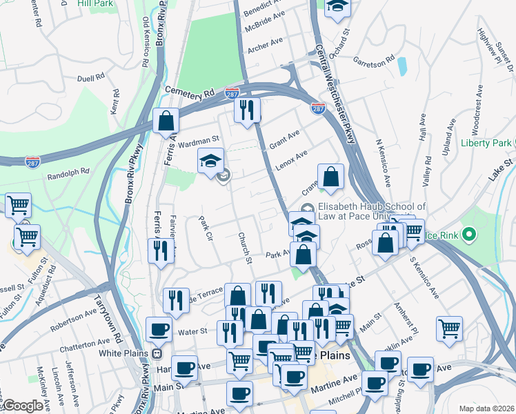 map of restaurants, bars, coffee shops, grocery stores, and more near 95 North Broadway in White Plains