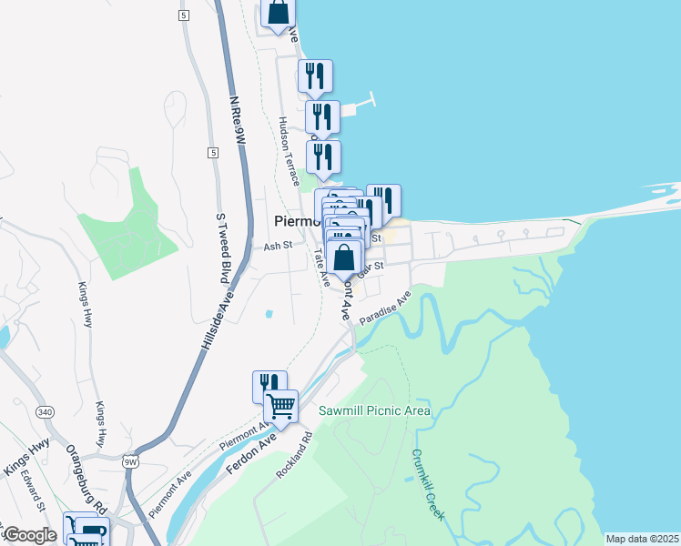map of restaurants, bars, coffee shops, grocery stores, and more near 32 Tate Avenue in Piermont