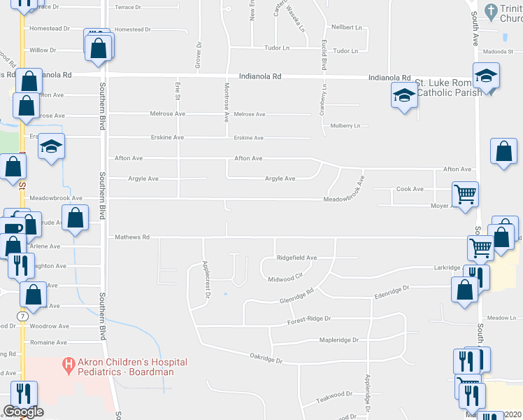 map of restaurants, bars, coffee shops, grocery stores, and more near 361 Meadowbrook Avenue in Youngstown