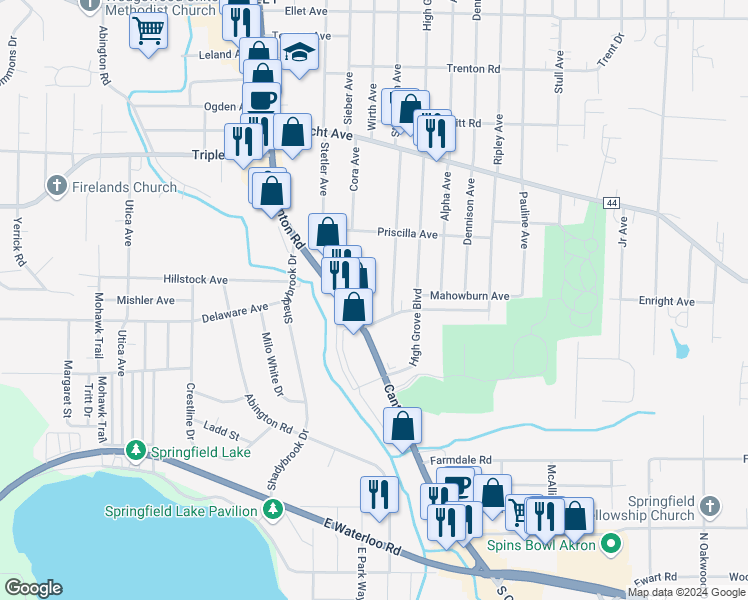 map of restaurants, bars, coffee shops, grocery stores, and more near 2571 Rhoadesdale Avenue in Akron