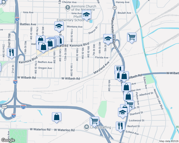 map of restaurants, bars, coffee shops, grocery stores, and more near 2329 8th Street Southwest in Akron