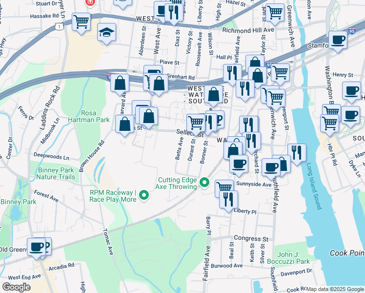 map of restaurants, bars, coffee shops, grocery stores, and more near 31 Durant Street in Stamford