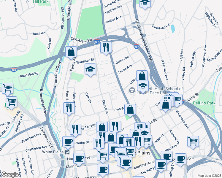 map of restaurants, bars, coffee shops, grocery stores, and more near 95 North Broadway in White Plains