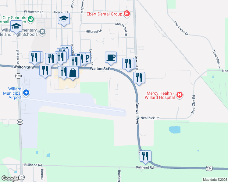 map of restaurants, bars, coffee shops, grocery stores, and more near 410 Walton Street East in Willard