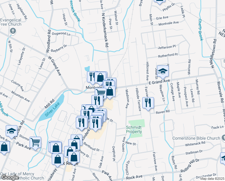 map of restaurants, bars, coffee shops, grocery stores, and more near 8 North Kinderkamack Road in Montvale