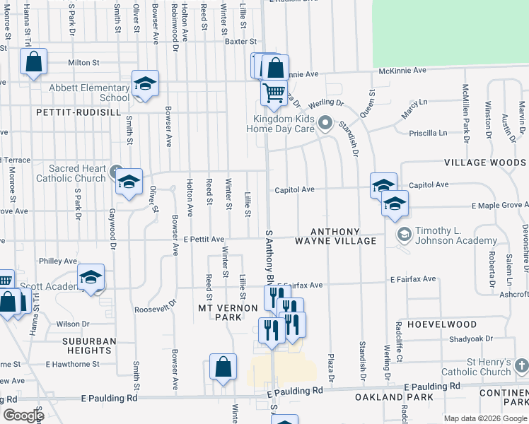 map of restaurants, bars, coffee shops, grocery stores, and more near 4808 South Anthony Boulevard in Fort Wayne