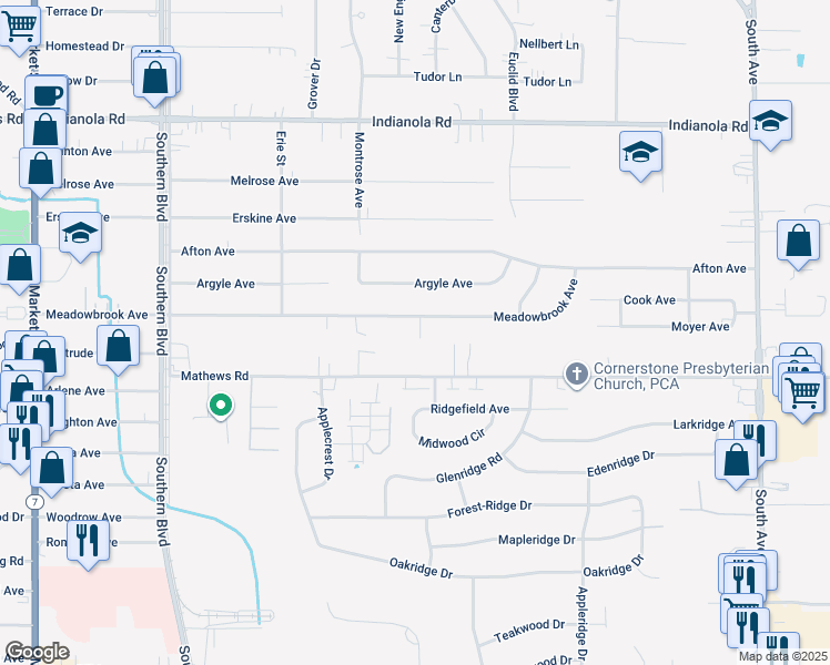 map of restaurants, bars, coffee shops, grocery stores, and more near 355 Meadowbrook Avenue in Youngstown