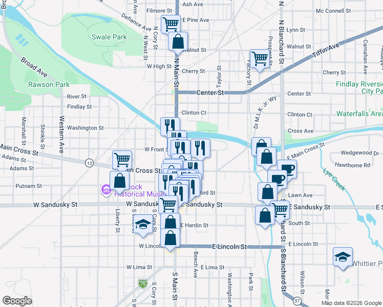 map of restaurants, bars, coffee shops, grocery stores, and more near 125 East Front Street in Findlay