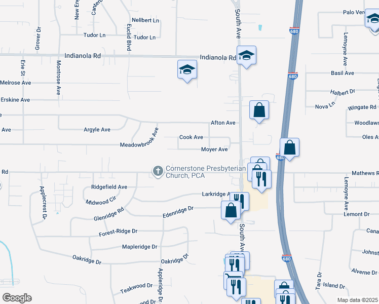 map of restaurants, bars, coffee shops, grocery stores, and more near 831 Moyer Avenue in Youngstown