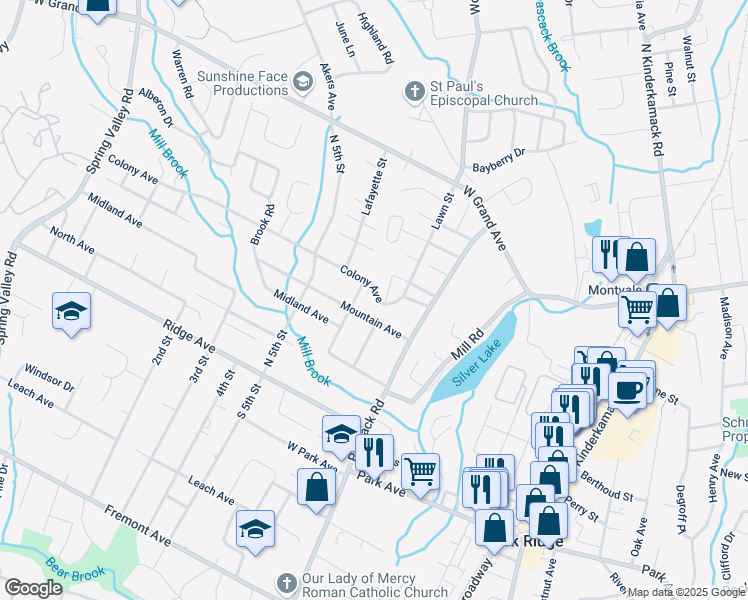 map of restaurants, bars, coffee shops, grocery stores, and more near 22 Mountain Avenue in Park Ridge