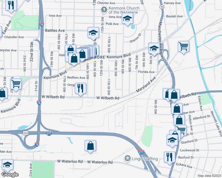 map of restaurants, bars, coffee shops, grocery stores, and more near 2331 11th Street Southwest in Akron