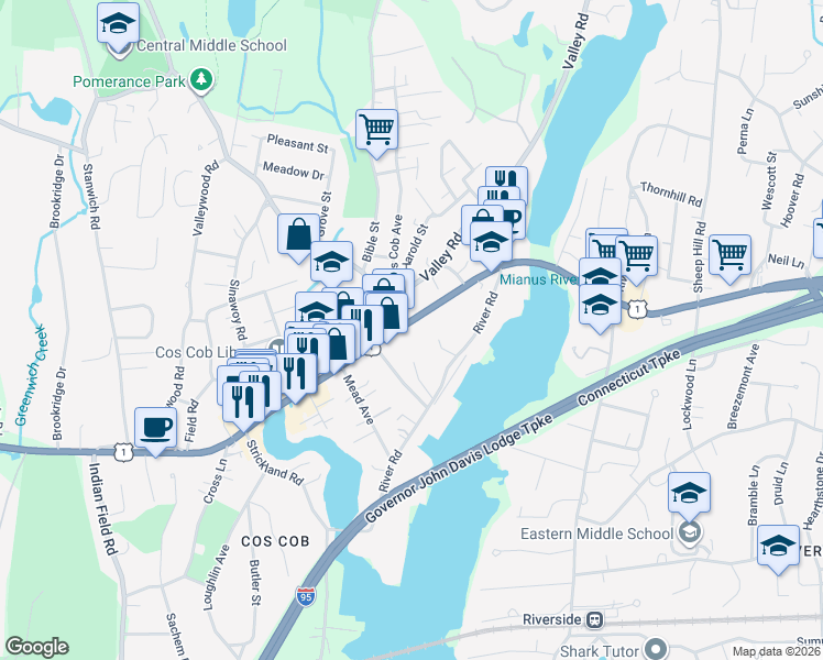 map of restaurants, bars, coffee shops, grocery stores, and more near 453 East Putnam Avenue in Greenwich