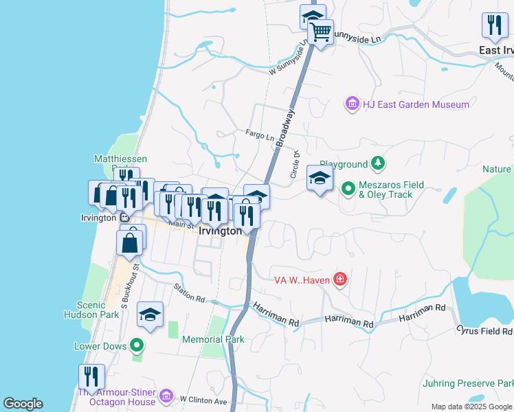 map of restaurants, bars, coffee shops, grocery stores, and more near 21 North Broadway in Irvington