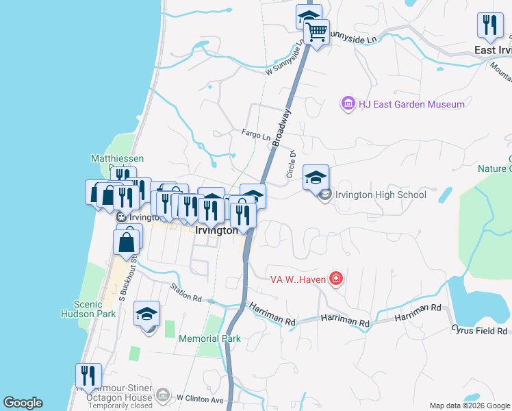 map of restaurants, bars, coffee shops, grocery stores, and more near 21 North Broadway in Irvington