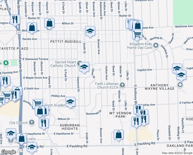 map of restaurants, bars, coffee shops, grocery stores, and more near 4815 Oliver Street in Fort Wayne