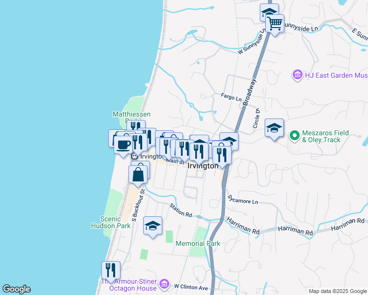 map of restaurants, bars, coffee shops, grocery stores, and more near 16 North Eckar Street in Irvington
