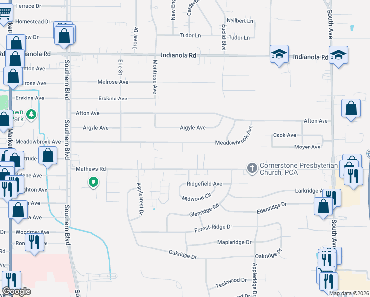 map of restaurants, bars, coffee shops, grocery stores, and more near 361 Meadowbrook Avenue in Youngstown
