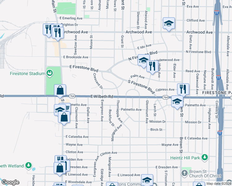 map of restaurants, bars, coffee shops, grocery stores, and more near 215 East Wilbeth Road in Akron