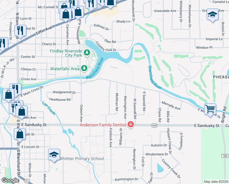 map of restaurants, bars, coffee shops, grocery stores, and more near 131-199 Huron Road in Findlay