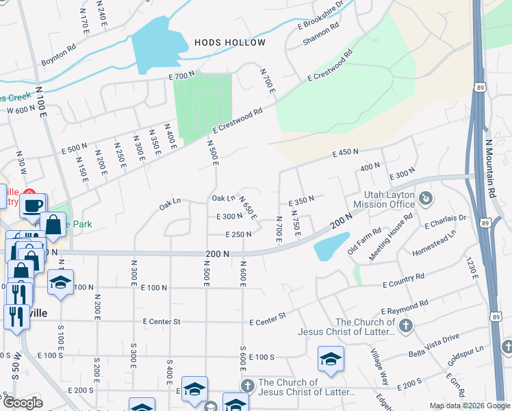 map of restaurants, bars, coffee shops, grocery stores, and more near 314 North 650 East in Kaysville
