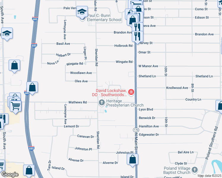 map of restaurants, bars, coffee shops, grocery stores, and more near 1974 Wolosyn Circle in Youngstown