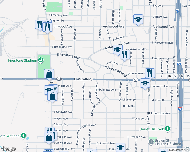 map of restaurants, bars, coffee shops, grocery stores, and more near 215 East Wilbeth Road in Akron