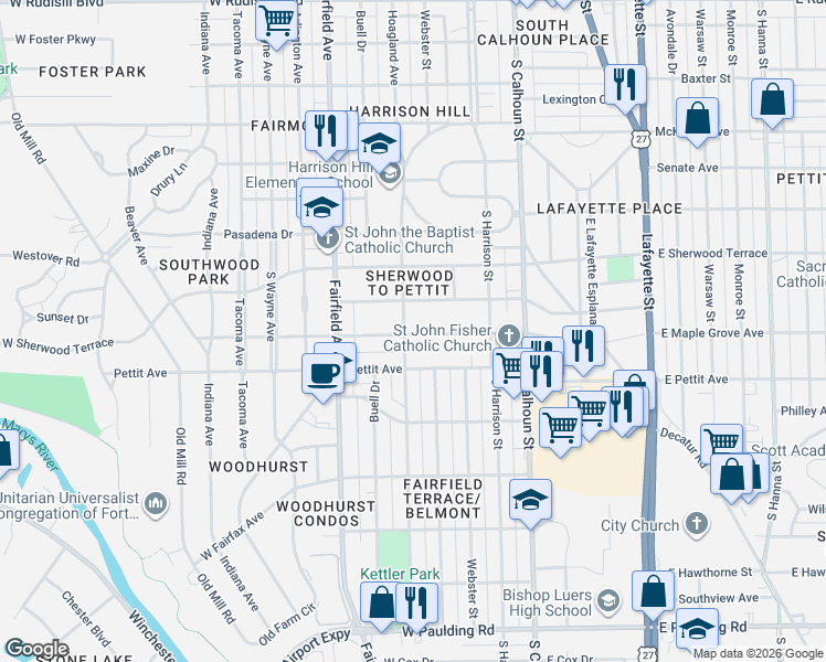 map of restaurants, bars, coffee shops, grocery stores, and more near 345 West Maple Grove Avenue in Fort Wayne