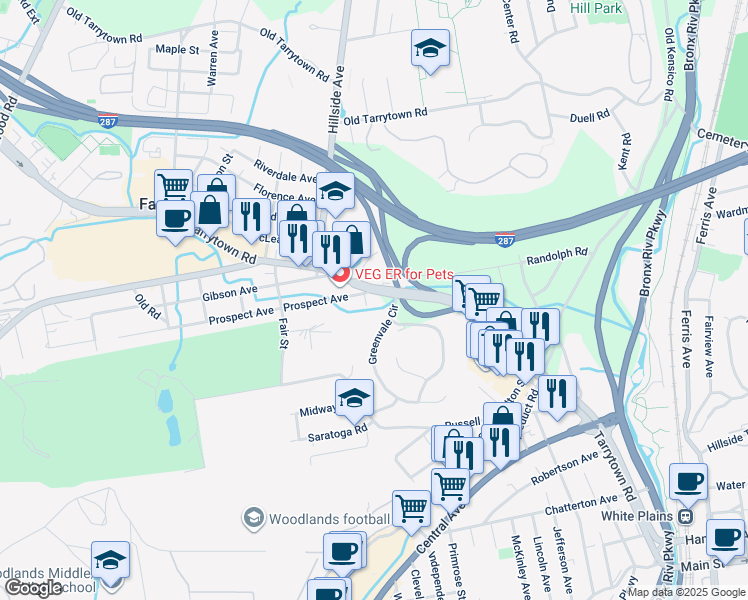 map of restaurants, bars, coffee shops, grocery stores, and more near 175 Tarrytown Road in White Plains