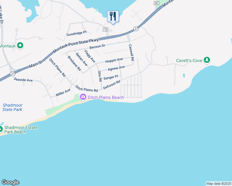 map of restaurants, bars, coffee shops, grocery stores, and more near 52 Deforest Road in Montauk