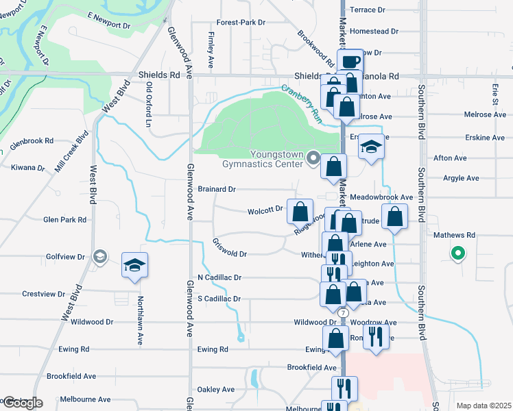 map of restaurants, bars, coffee shops, grocery stores, and more near 181 Wolcott Drive in Youngstown