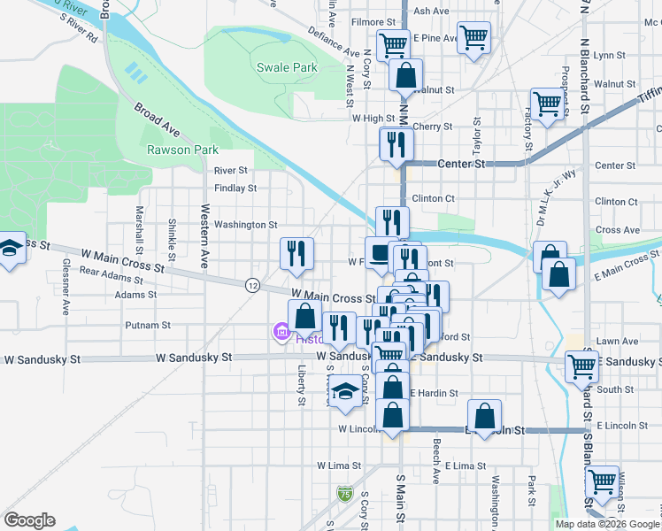 map of restaurants, bars, coffee shops, grocery stores, and more near 227 South West Street in Findlay