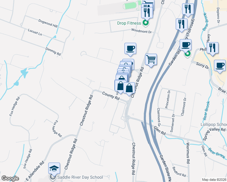 map of restaurants, bars, coffee shops, grocery stores, and more near 34 County Road in Woodcliff Lake