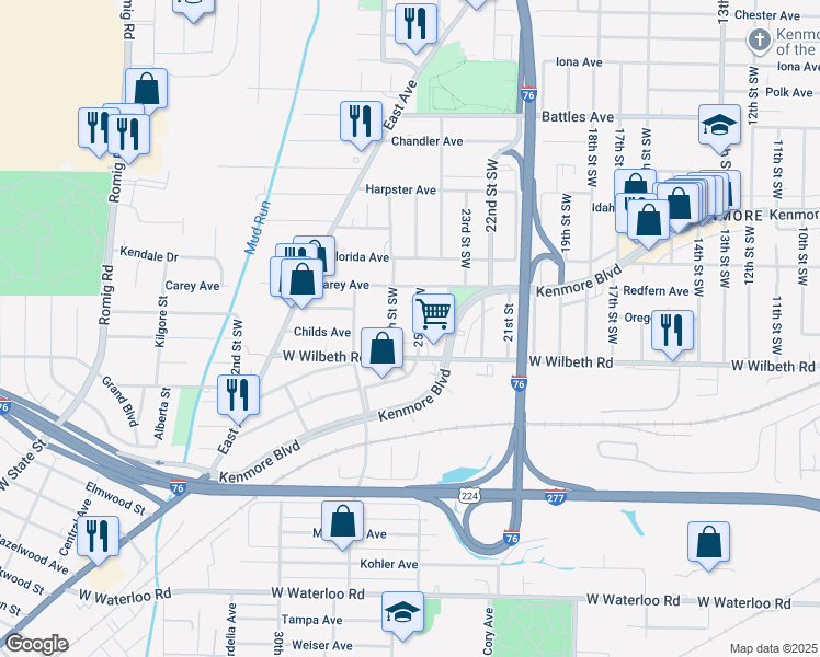 map of restaurants, bars, coffee shops, grocery stores, and more near 2330 25th Street Southwest in Akron