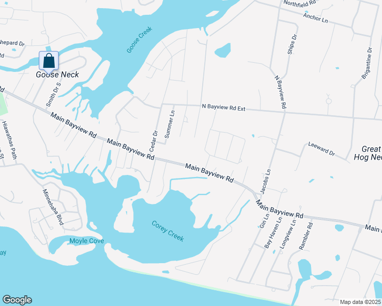 map of restaurants, bars, coffee shops, grocery stores, and more near 8555 Main Bayview Road in Southold