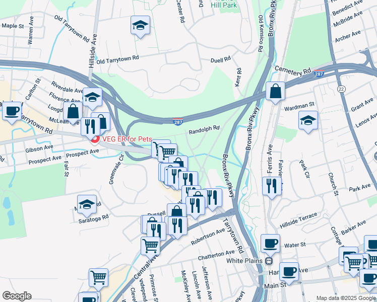 map of restaurants, bars, coffee shops, grocery stores, and more near 73 County Center Road in White Plains
