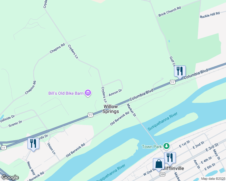 map of restaurants, bars, coffee shops, grocery stores, and more near 45 Amron Drive in Bloomsburg