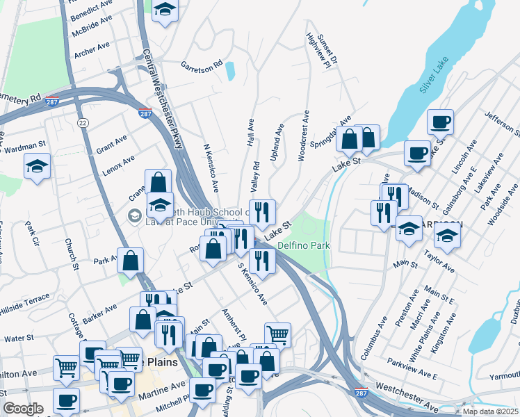 map of restaurants, bars, coffee shops, grocery stores, and more near 2 Valley Road in White Plains