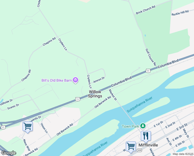 map of restaurants, bars, coffee shops, grocery stores, and more near 45 Amron Drive in Bloomsburg