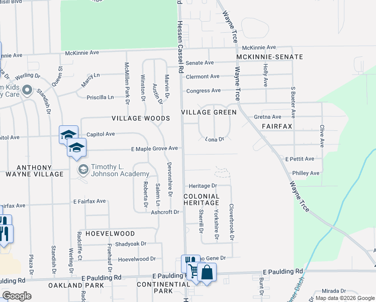 map of restaurants, bars, coffee shops, grocery stores, and more near 4810 Hessen Cassel Road in Fort Wayne