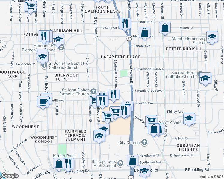 map of restaurants, bars, coffee shops, grocery stores, and more near 204-216 East Maplegrove Avenue in Fort Wayne