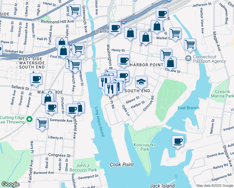 map of restaurants, bars, coffee shops, grocery stores, and more near 31 Washington Boulevard in Stamford