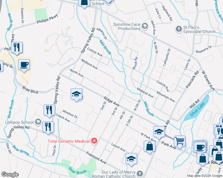 map of restaurants, bars, coffee shops, grocery stores, and more near 99 Louville Avenue in Park Ridge
